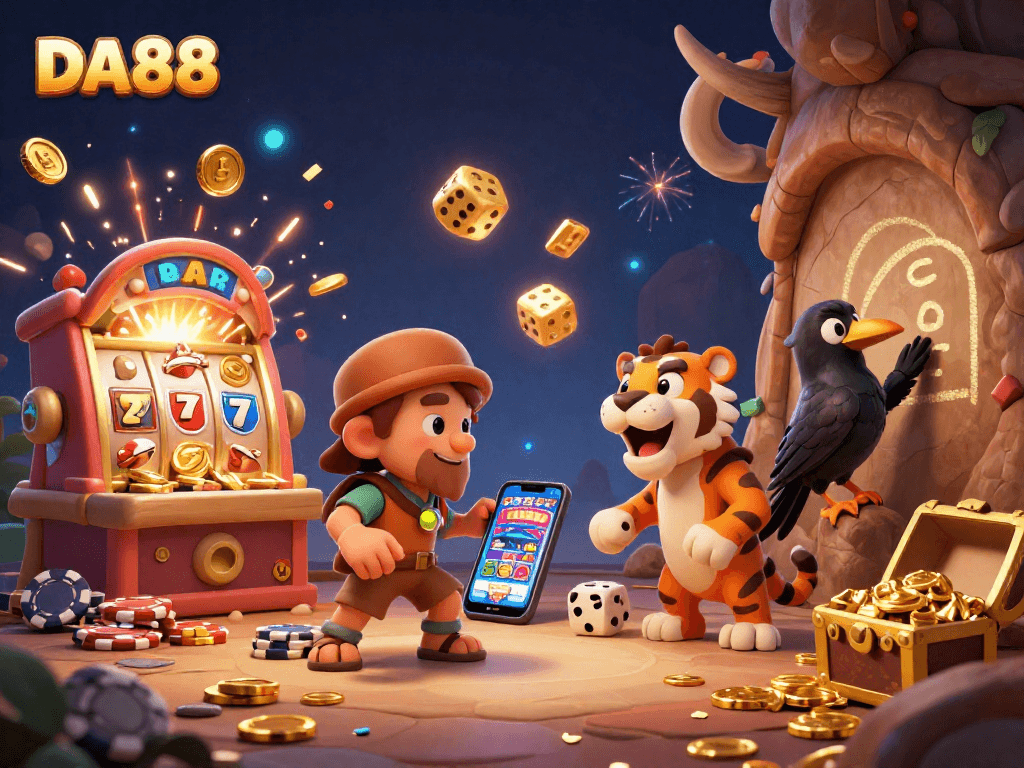 Experience the excitement of DA88 with a vibrant casino scene featuring animated characters and thrilling game elements.
