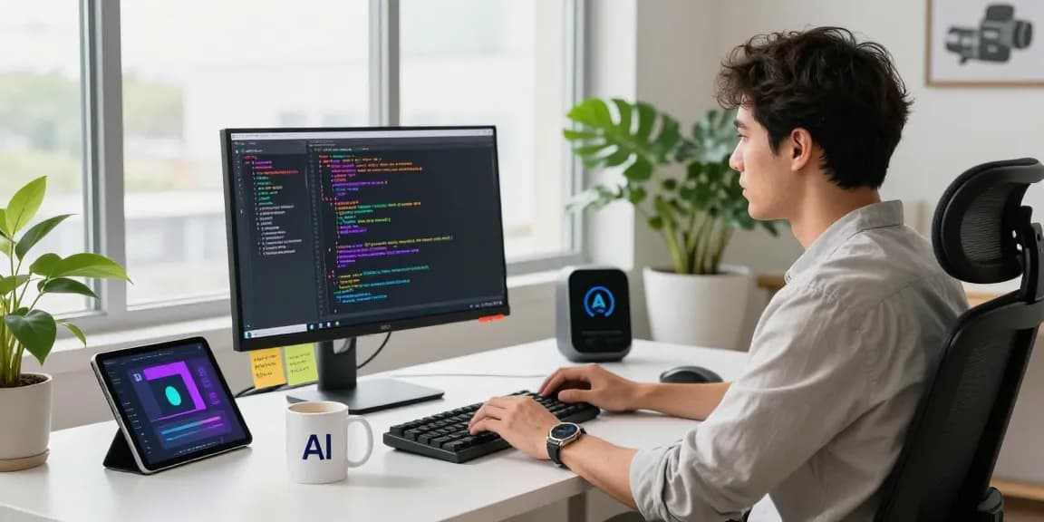 Modern tech workspace showcasing the best AI tools with a developer coding on a sleek monitor.