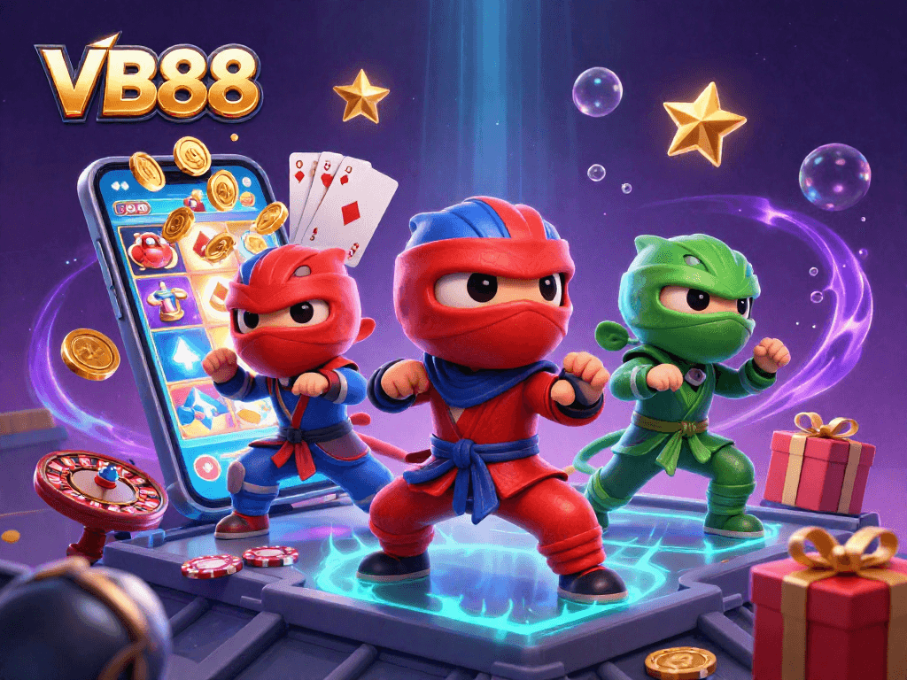 Experience thrilling gaming with VB88’s dynamic slot action in a vibrant 3D scene featuring ninja chameleons.