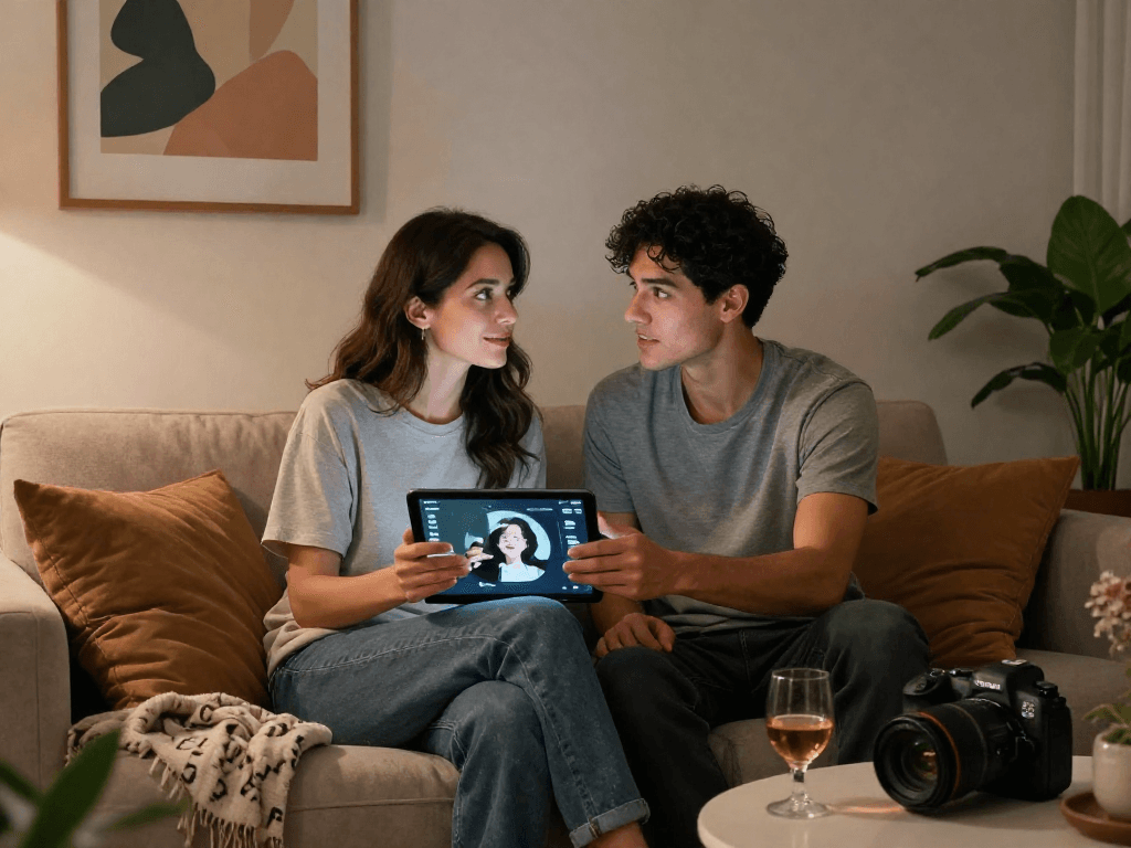 Couple engaging in ai sex exploration through virtual reality application in a cozy setting.