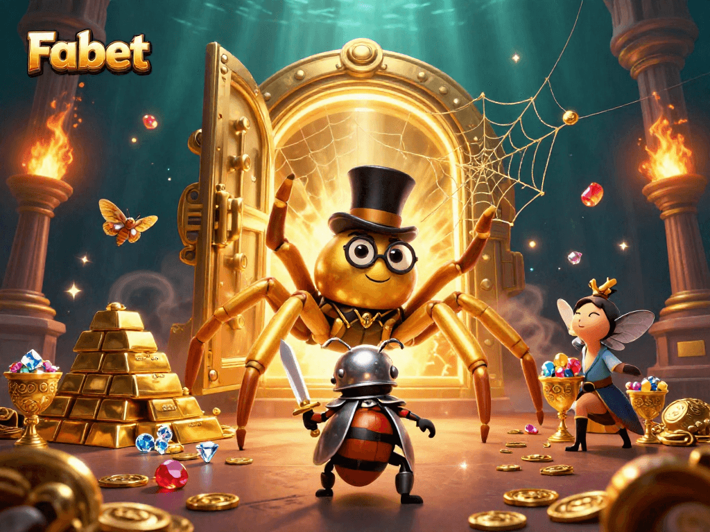 Experience thrilling gameplay at Fabet with an engaging scene featuring a golden tarantula and beetle knight amidst casino treasures.
