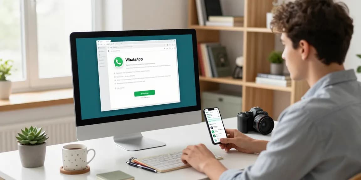 Professional setup showcasing WhatsApp電腦版 on a sleek monitor in a modern home office.