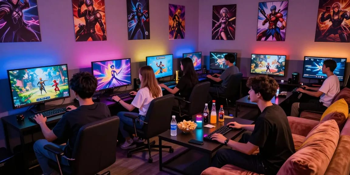 Group enjoying free porngames in vibrant gaming lounge with snacks and stylish decor.