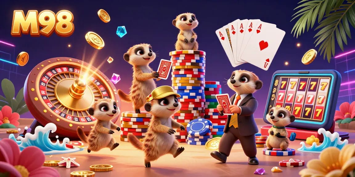 M98 meerkats operating a vibrant casino with cascading coins, roulette wheels, and lively gameplay.