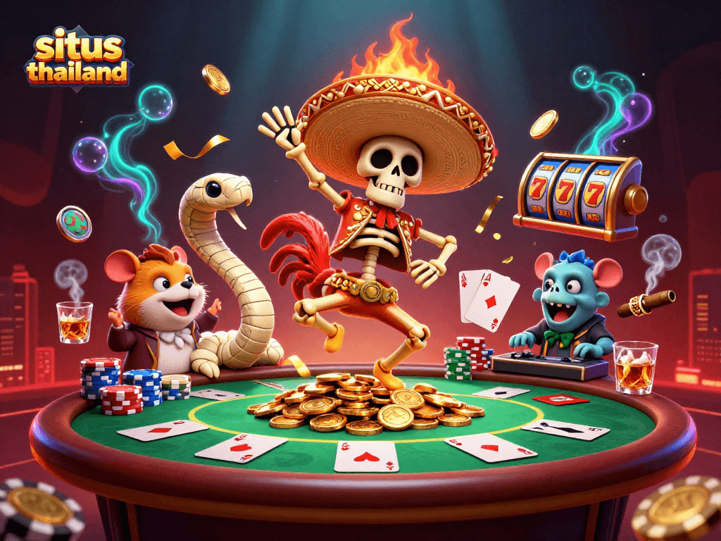 Play exciting games at situs thailand, featuring a lively scene with characters and vibrant casino elements.
