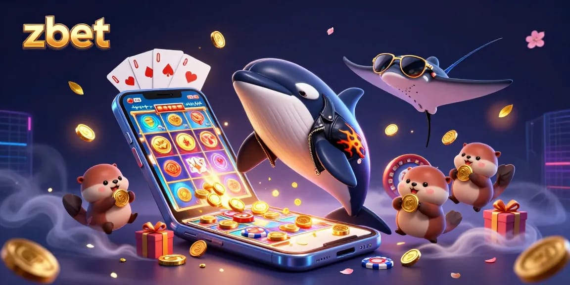 Engage in exciting gaming with zbet, featuring an orca in a leather jacket and otters with coins.