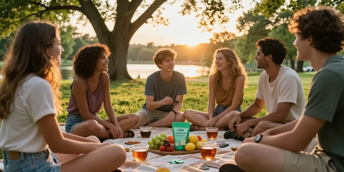 Friends enjoying CBD North mints during a sunset picnic in a natural setting.