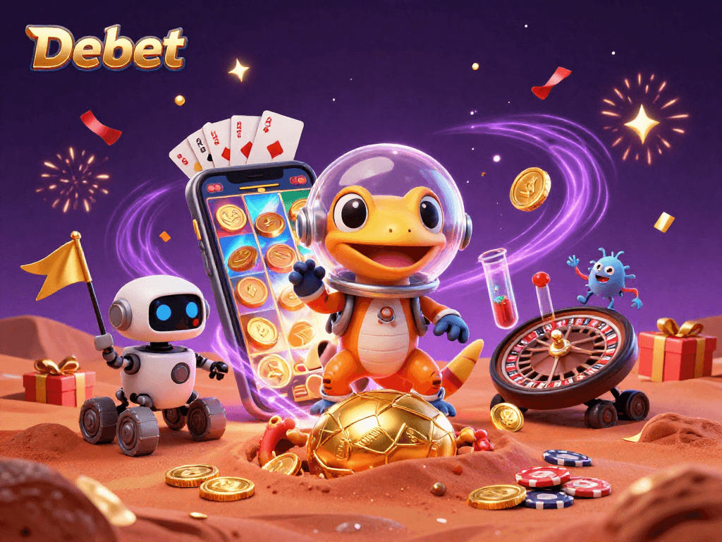 Engage with Debet's exciting gaming adventure featuring vibrant casino elements and alien characters.