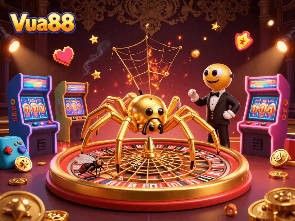 Vua88 challenges players with a golden spider spinning a roulette wheel web surrounded by vibrant gaming elements.
