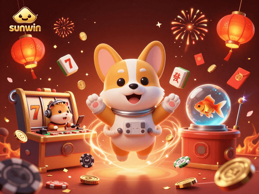 Experience sunwin's vibrant casino adventure with a corgi, hamster, and goldfish amidst slot reels and festive decor.