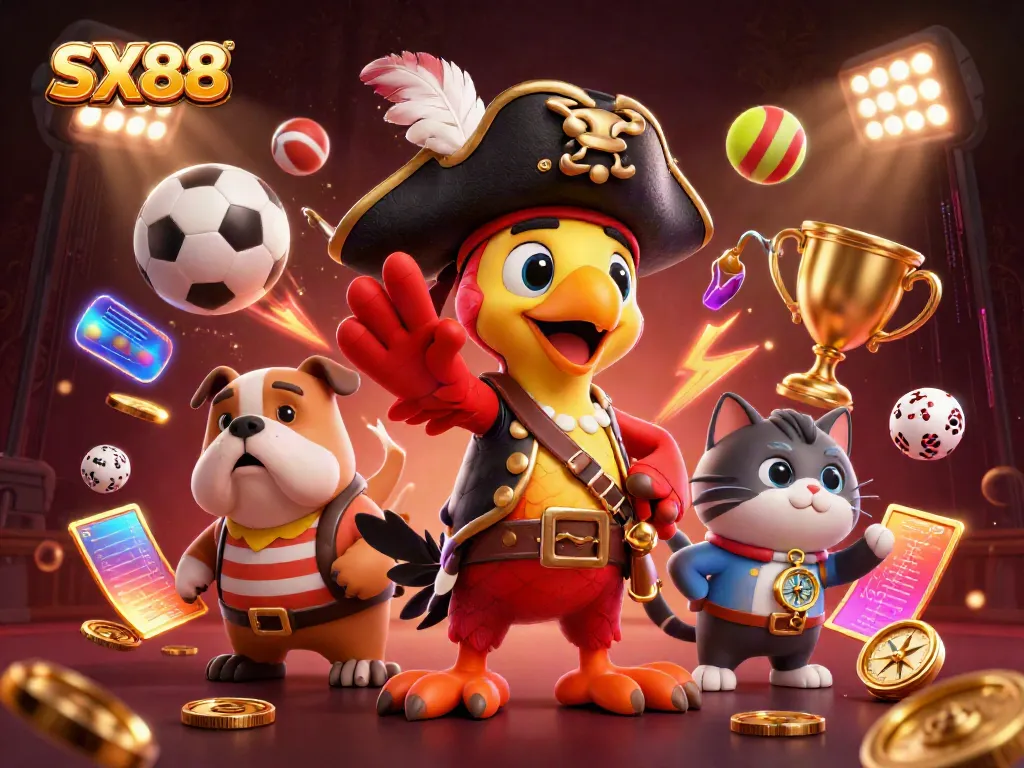 SX88 pirate captain parrot leading a thrilling game scene with sports balls and dynamic elements for online casino excitement.