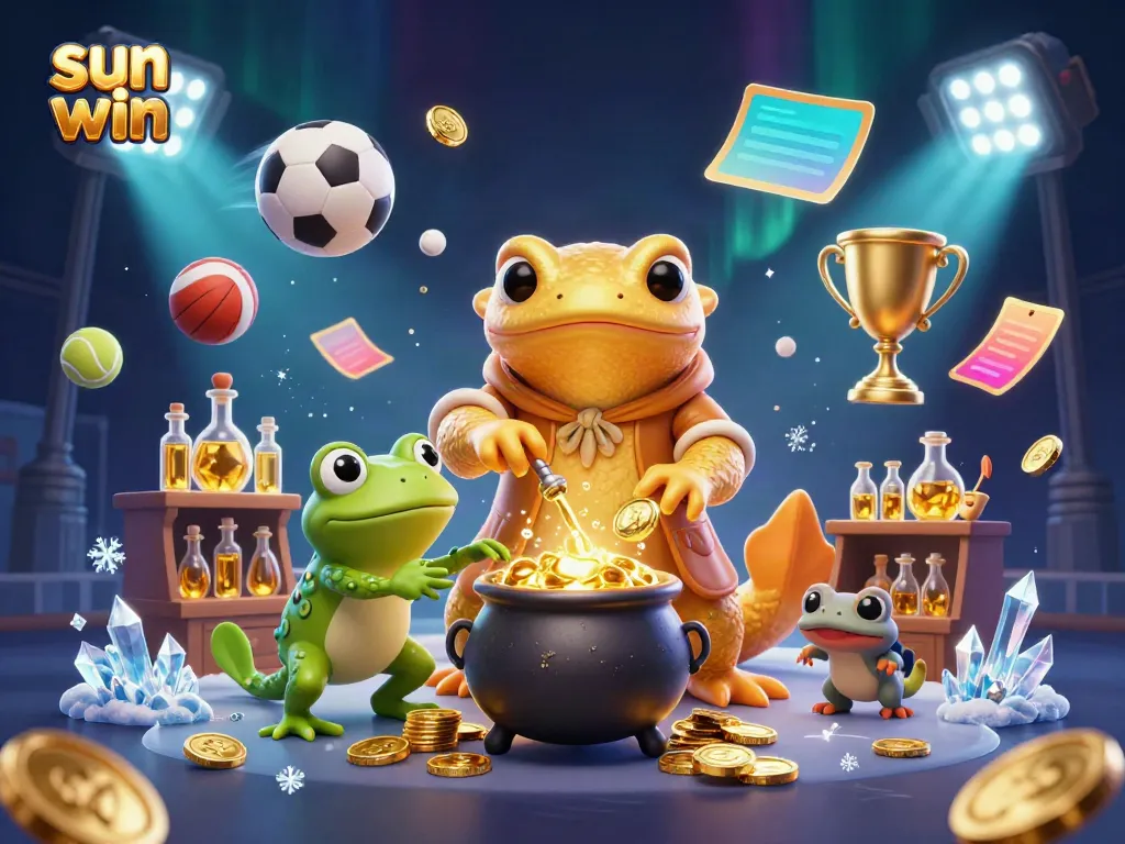 Discover the excitement of sun win in this vibrant 3D cartoon scene featuring gold coins, sports elements, and lively characters.