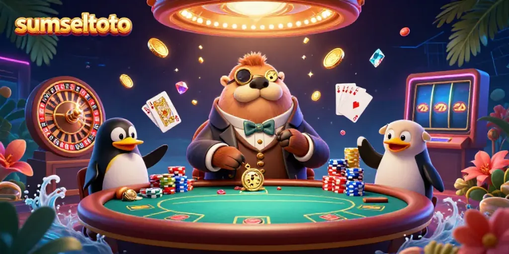 Join the excitement at sumseltoto with a jolly walrus, penguin dealer, and bluffing pufferfish at an underwater poker table.