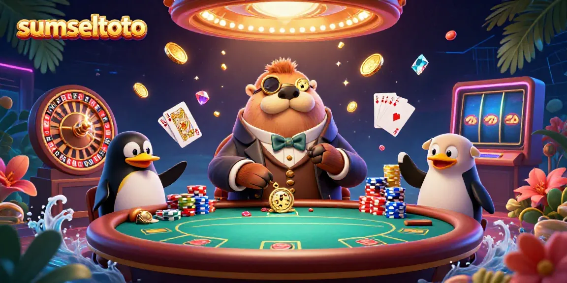 Join the excitement at sumseltoto with a jolly walrus, penguin dealer, and bluffing pufferfish at an underwater poker table.