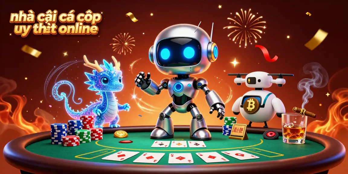 Engage with nhà cái cá cược uy tín online through a festive cyberpunk casino scene featuring vibrant characters.