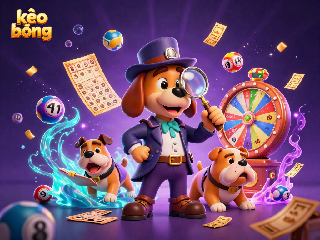 Engage with kèo bóng đá in a vibrant casino scene featuring a detective bloodhound and Watson bulldog.