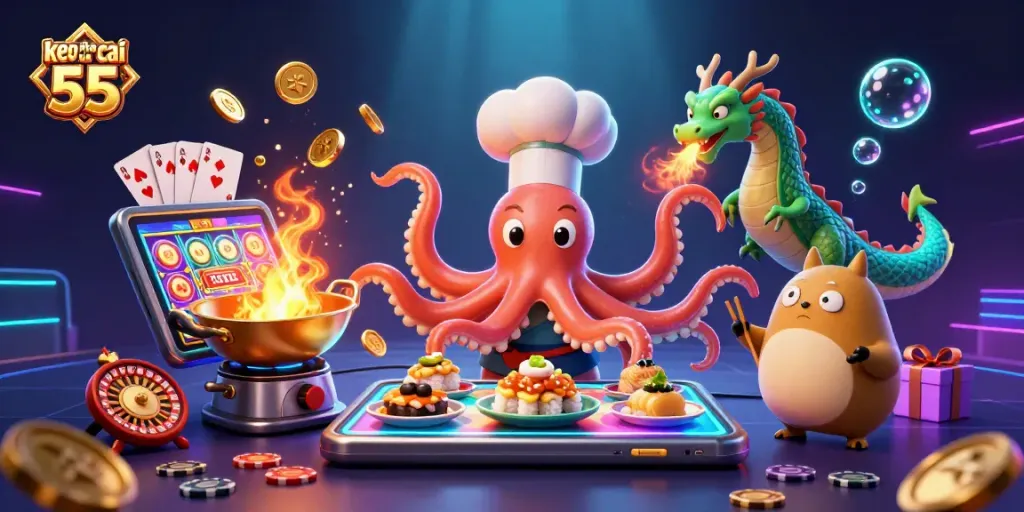 Engage with keo nha cai 55 by witnessing vibrant 3D characters celebrating dynamic casino gaming.