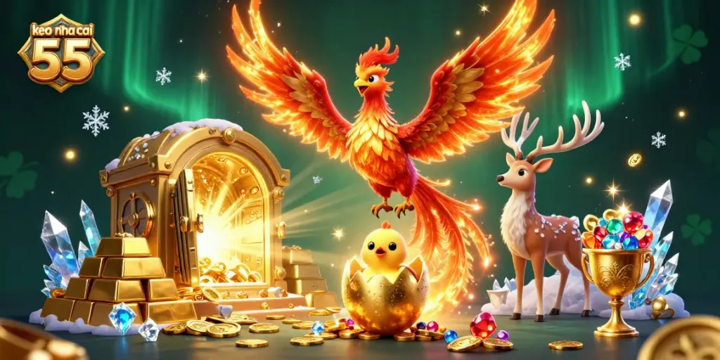 Place bets and win with keo nha cai 55, showcasing a vibrant 3D casino scene full of treasures.