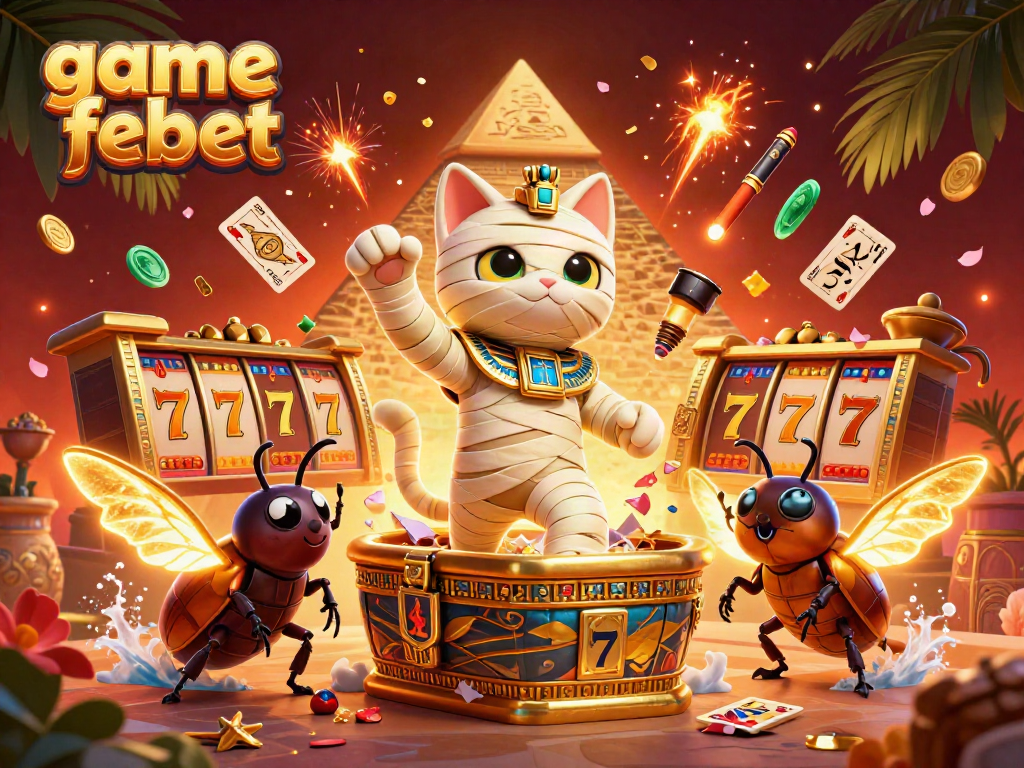 Experience the thrill of game febet in a vibrant 3D Egyptian-themed casino scene, featuring dynamic elements.