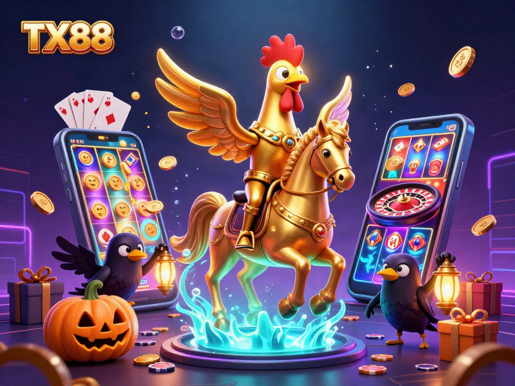 TX88 engages players with a vibrant casino scene featuring golden rooster characters and dynamic gaming action.