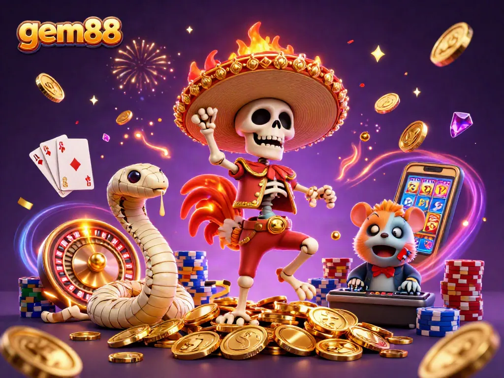 Experience gem88's excitement with a dynamic casino scene featuring festive characters and vibrant game elements.