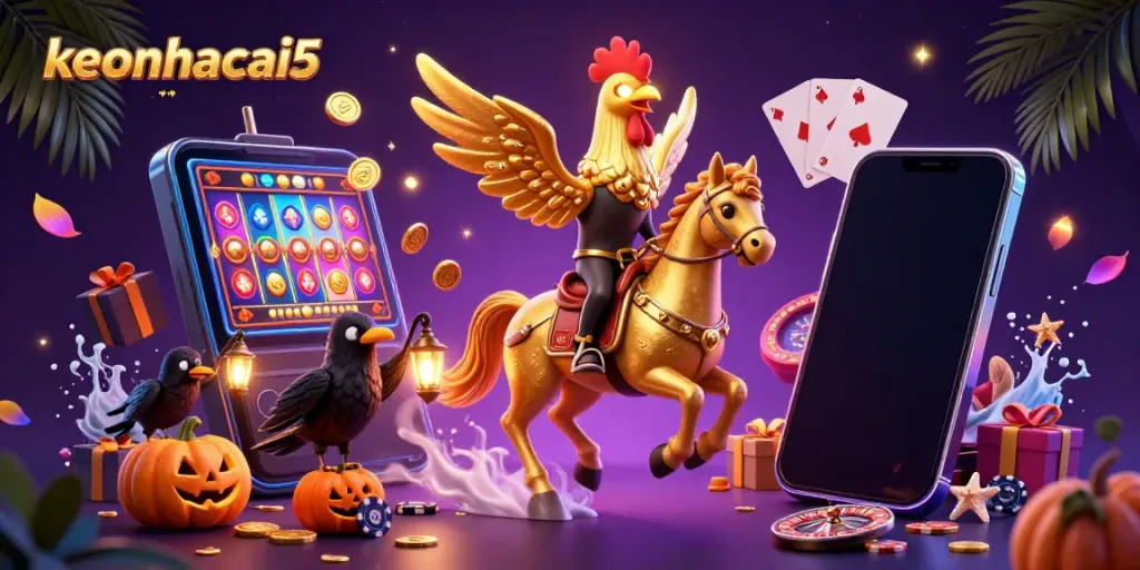 Experience the lively action at keonhacai5 with a golden rooster riding through a vibrant casino scene.
