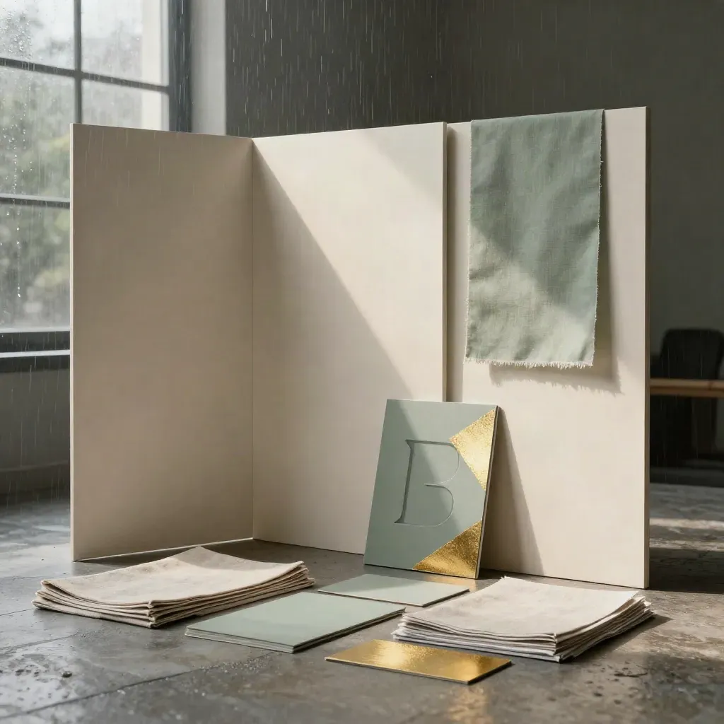 Rainlit brand identity boards, linen swatches and foil cards in a moody studio