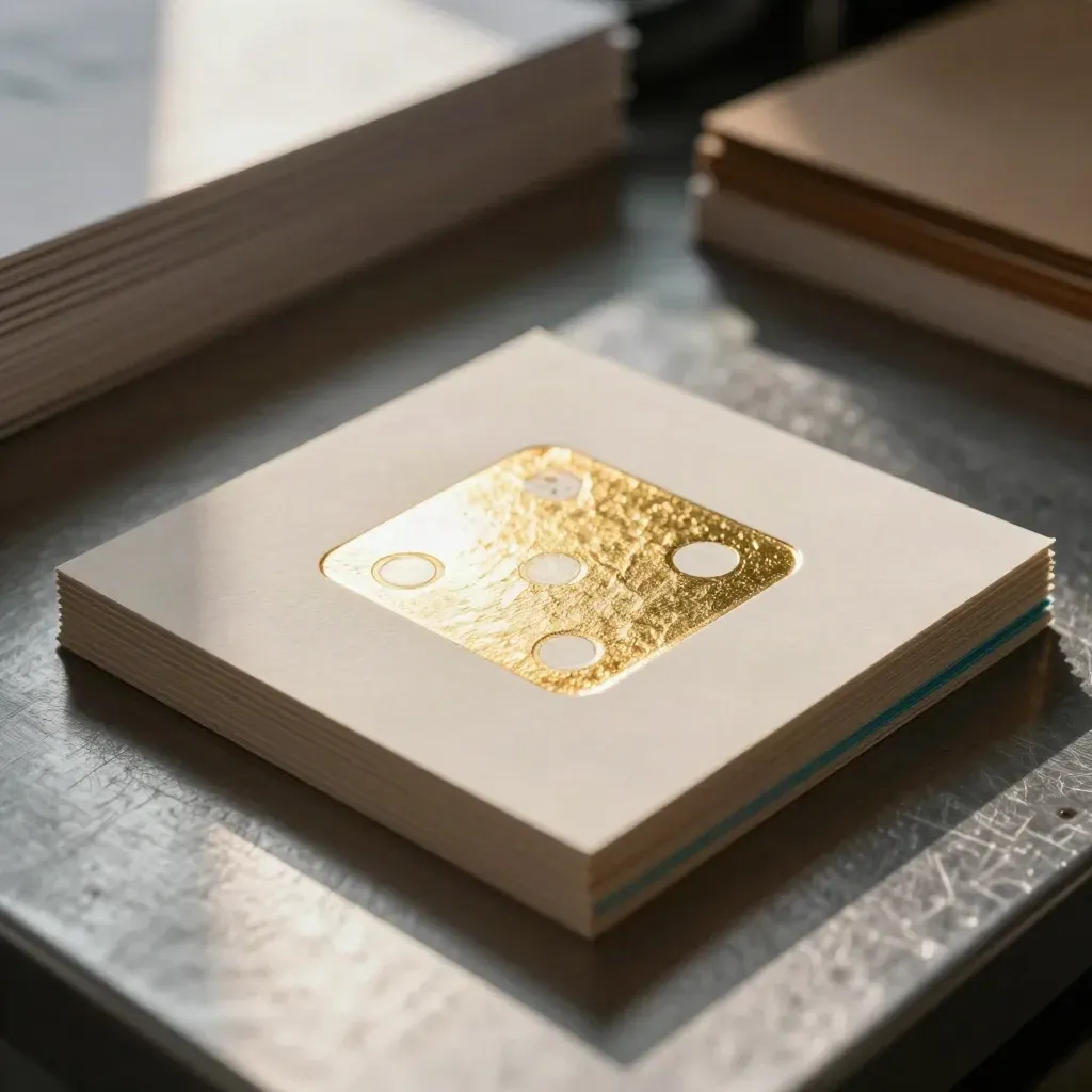 Foil-stamped logo proof cards and a die-cut symbol tile on a press bed