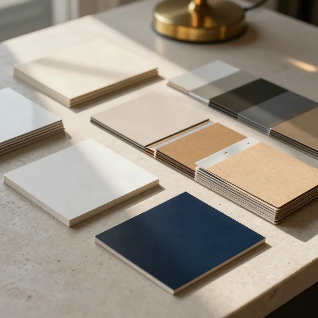 Brand audit materials arranged on stone with colour chips, packaging sleeves and sample packs.