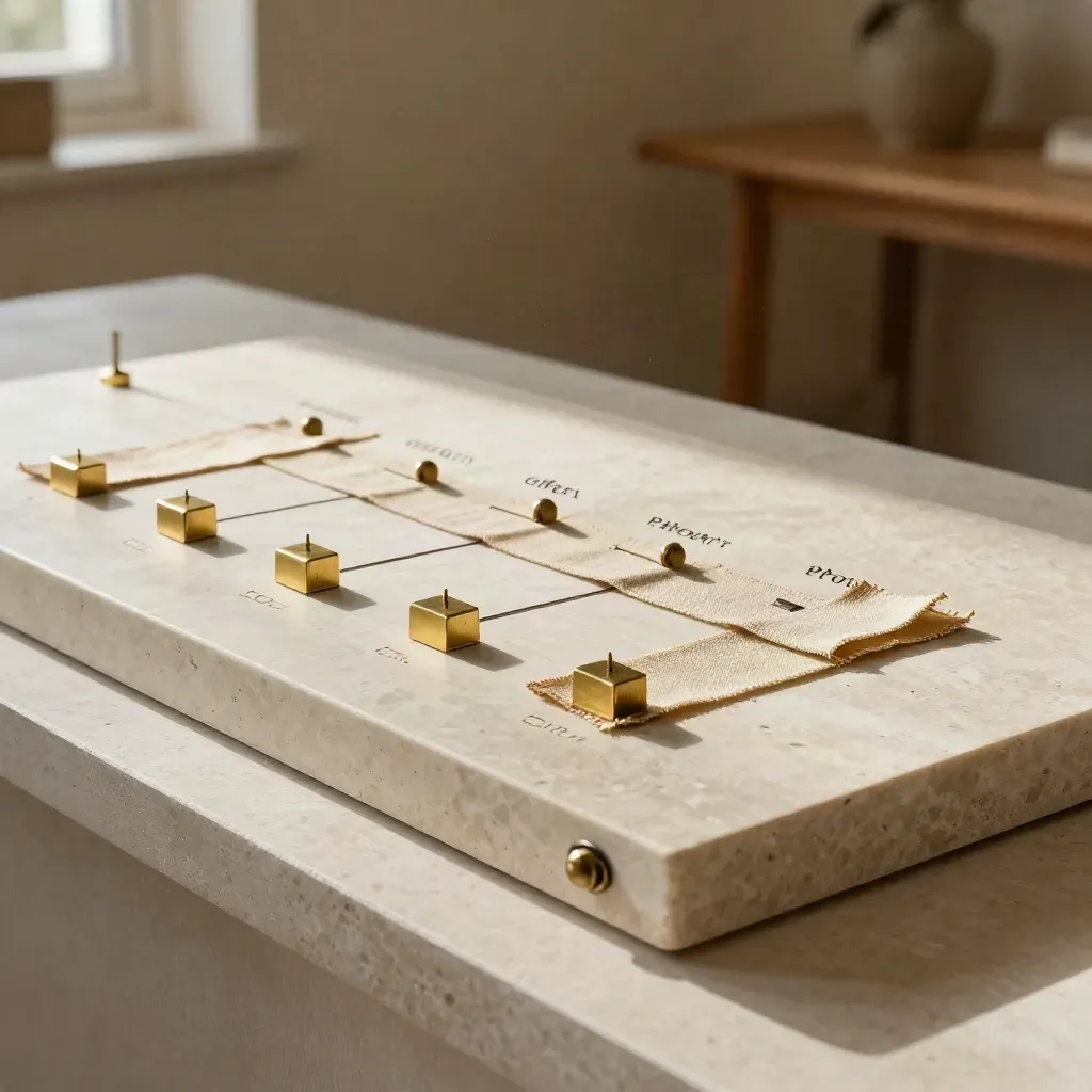 Travertine, linen and brushed metal markers on a pale board in warm window light.