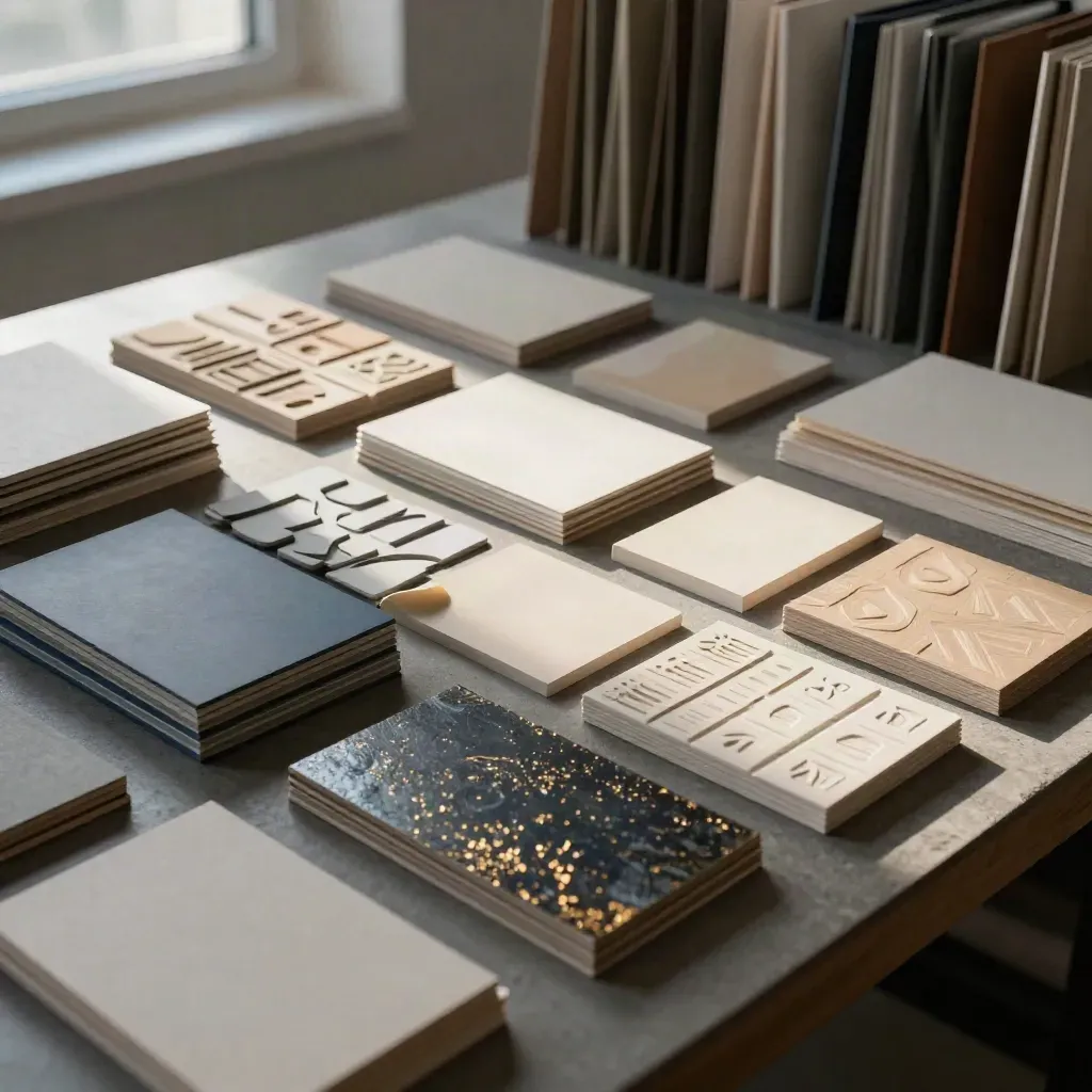 Identity system swatches, shape tiles, and substrate samples on a studio archive bench.