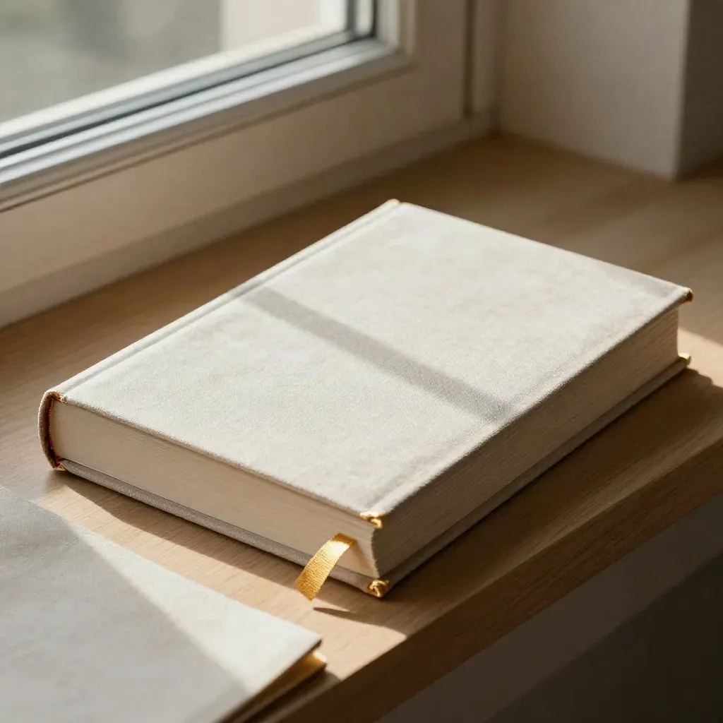 Closed linen guidelines book with gold ribbons and sleeve on a sunlit oak ledge