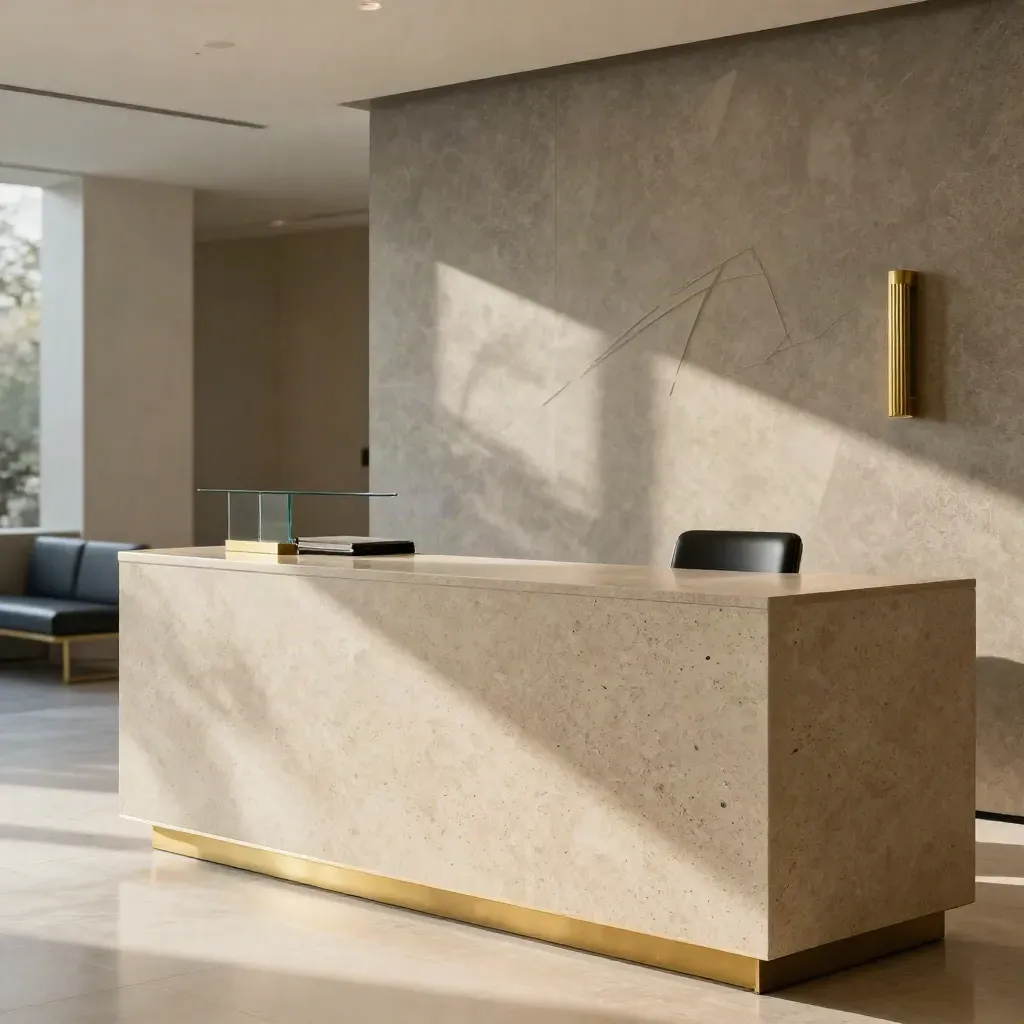 Travertine law-firm reception with smoked glass, brass details and a muted navy bench in soft light.