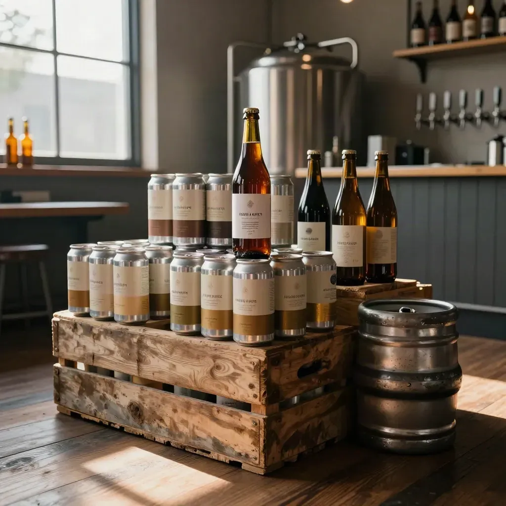 Brewery shelf of branded cans and bottles beside crates and stainless tanks in warm cellar light.