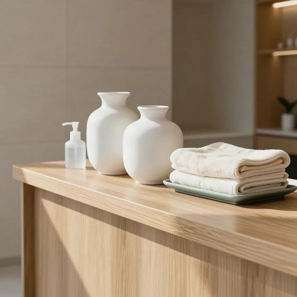 Clinic reception counter with white ceramics, folded towels, teal accents, and pale oak
