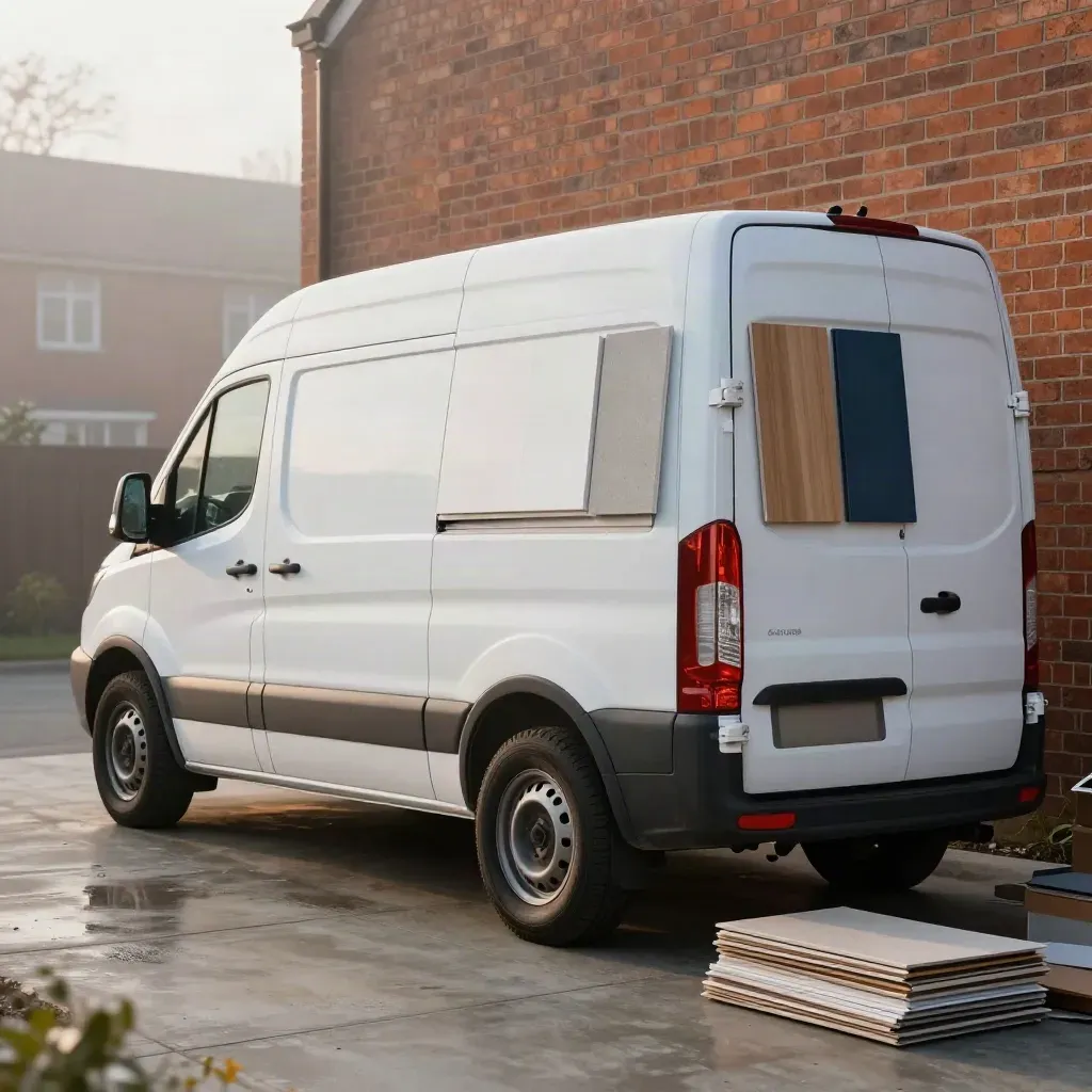 White builder van with sample boards and site materials against brick in morning mist.