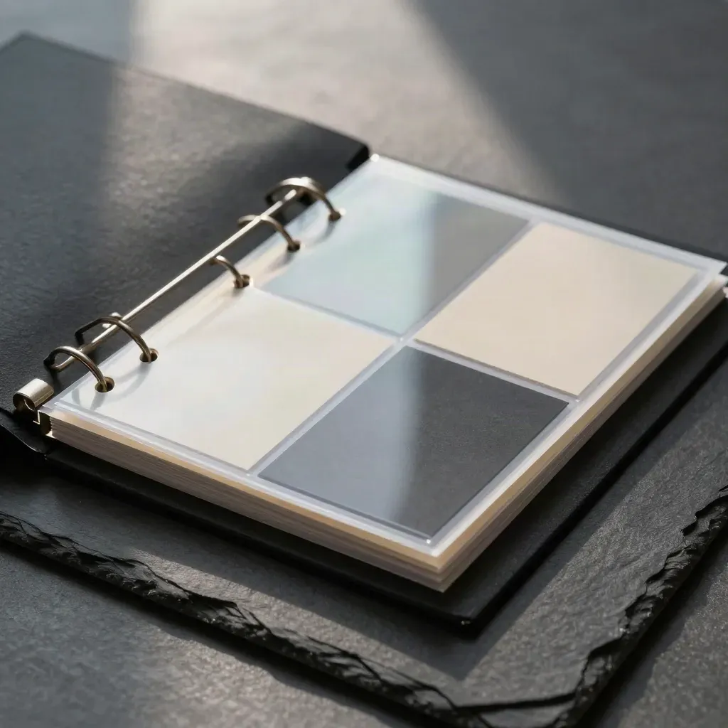 Matte black brand folder with acetate overlays and cut-paper samples on slate, lit dramatically.