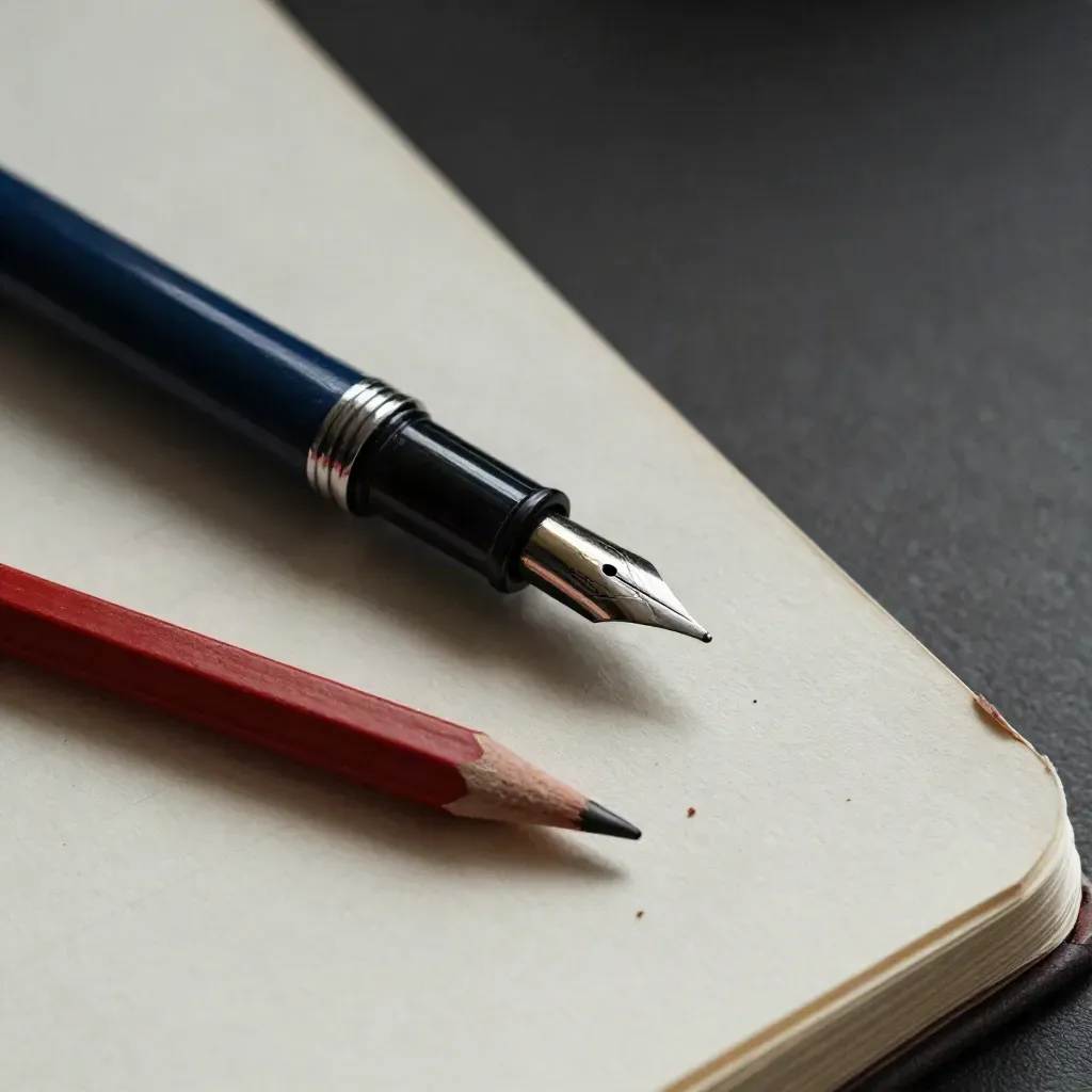 Close-up of editing tools on cream linen: navy fountain pen, red pencil, crumbs, and notebook edge.
