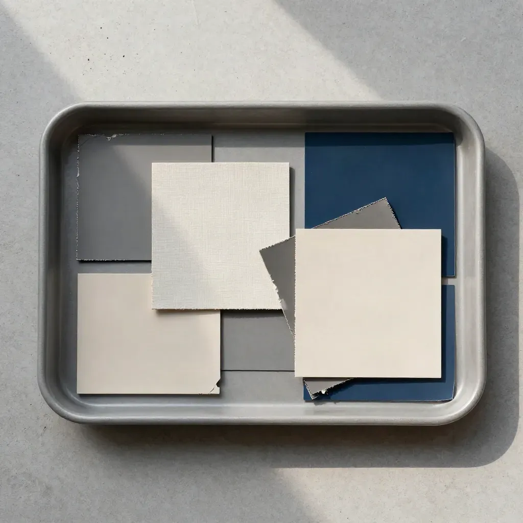 Overhead tray of material chips and neutral swatches on concrete with soft light