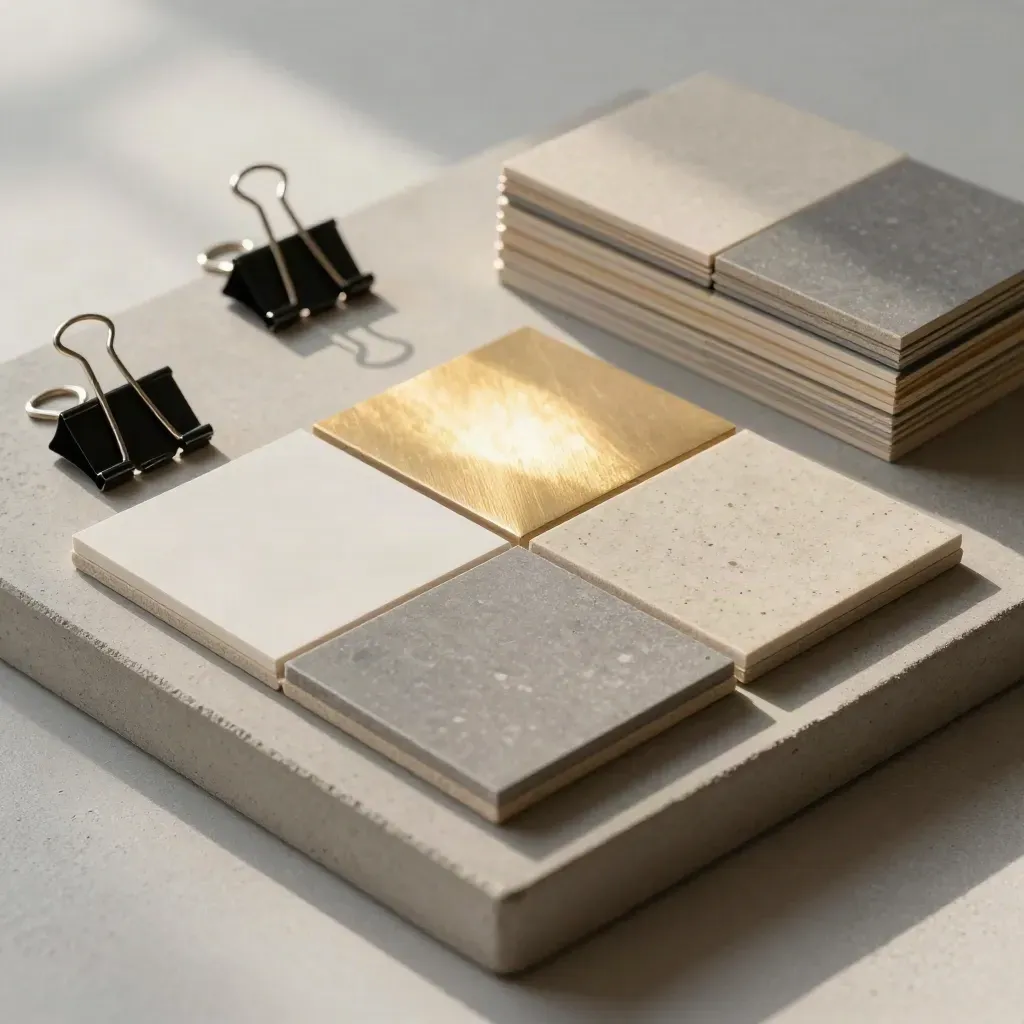 Stone tray with branding tiles, folded forms, binder clips, and sample boards in neutral tones.