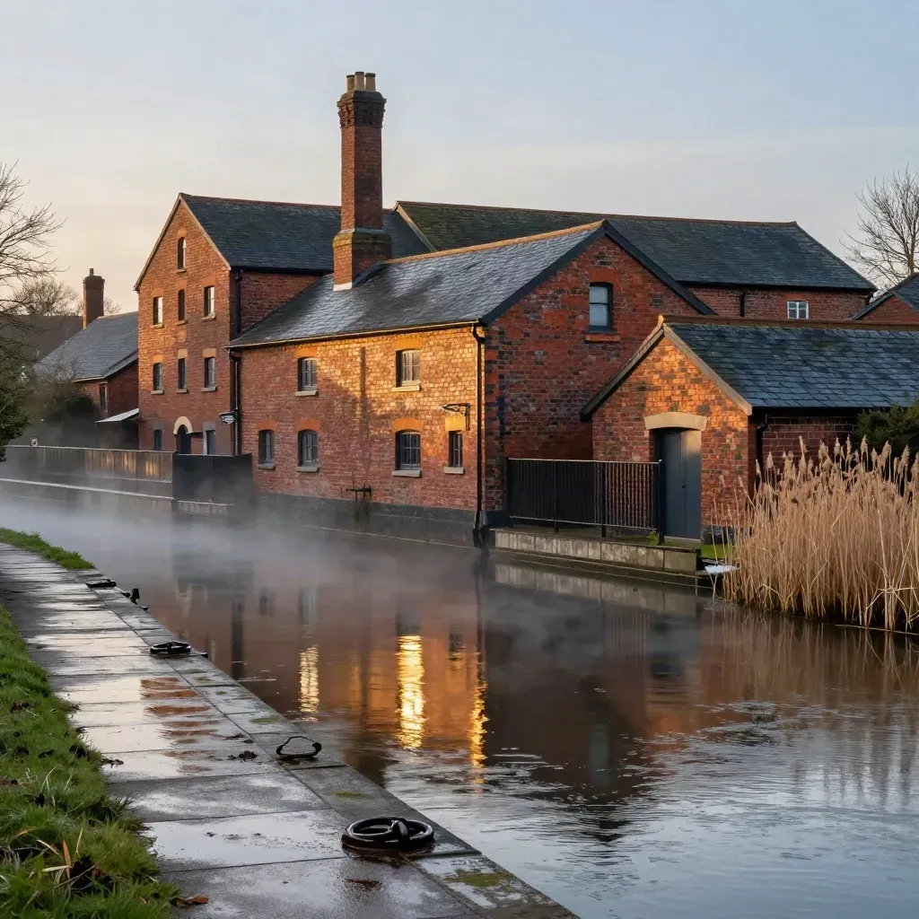 Blue-hour Midlands canal basin, red-brick warehouses, still water, warm reflections, soft mist