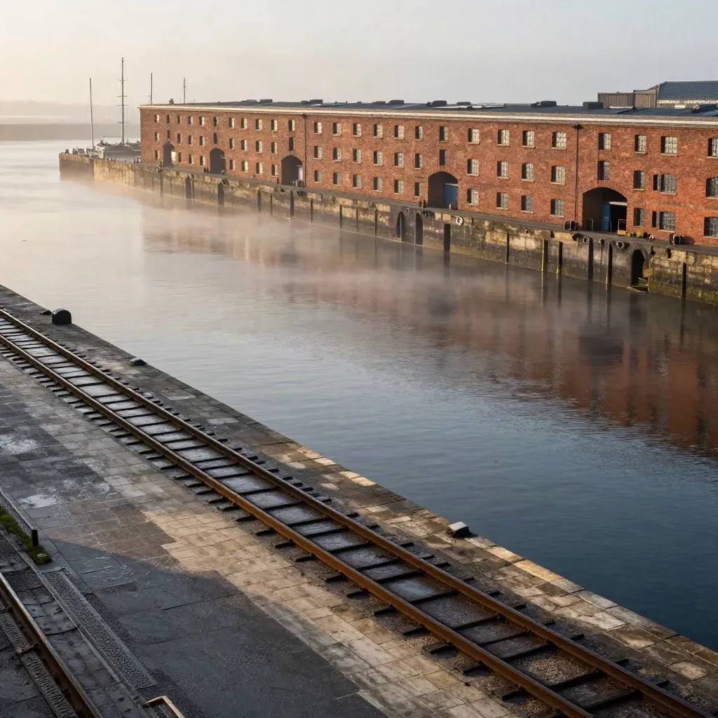 Misty Liverpool dock bricks and iron rails high in frame, calm harbour haze below.