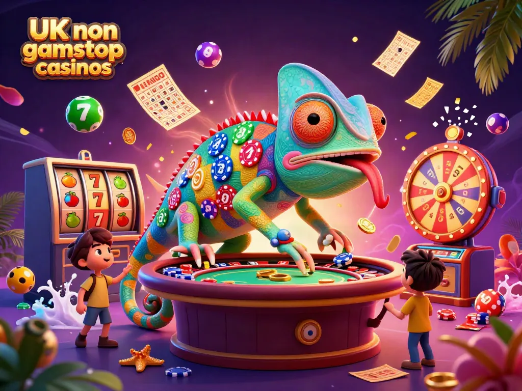 Engaging scene of a chameleon casino owner in a vibrant setting depicting UK non gamstop casinos