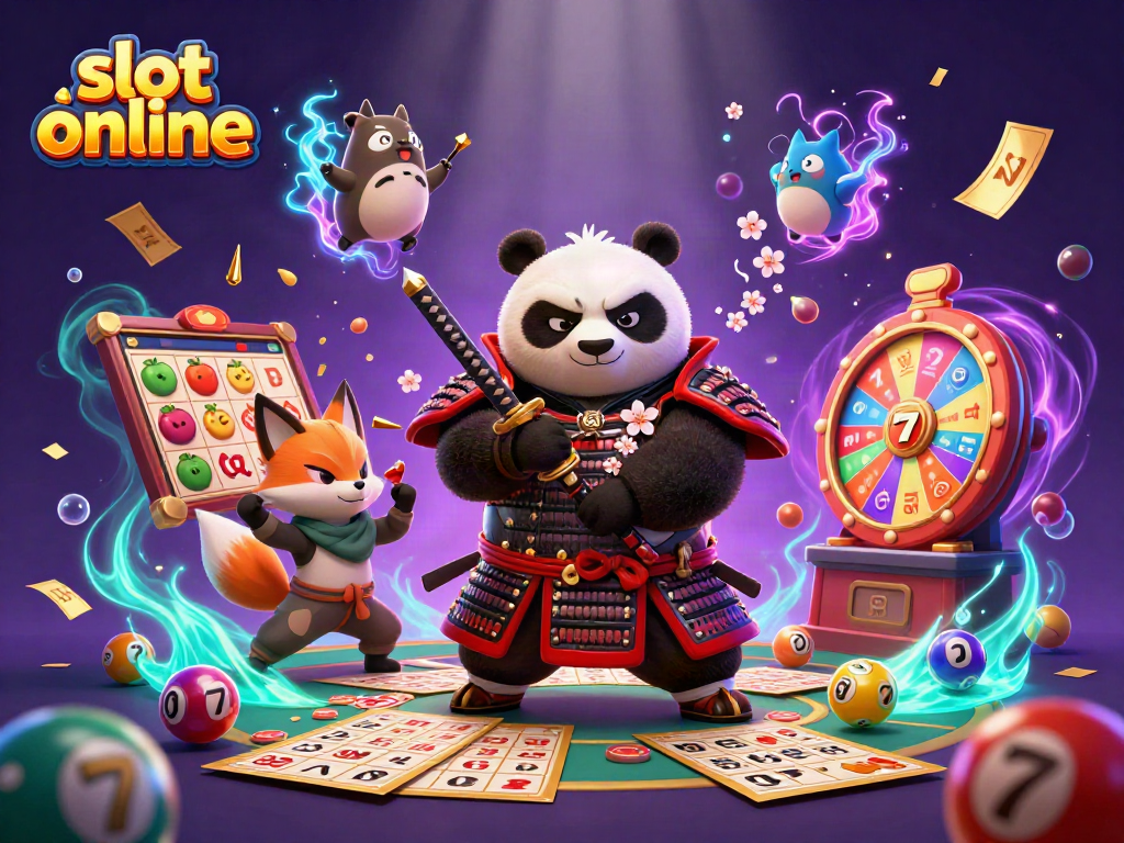 Engage in thrilling slot online action featuring a samurai panda, ninja fox, and magical spirit tanuki in an energetic casino scene.