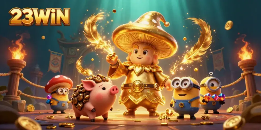 Experience the magic of 23WIN with enchanting characters and dynamic casino elements in a vivid 3D scene.