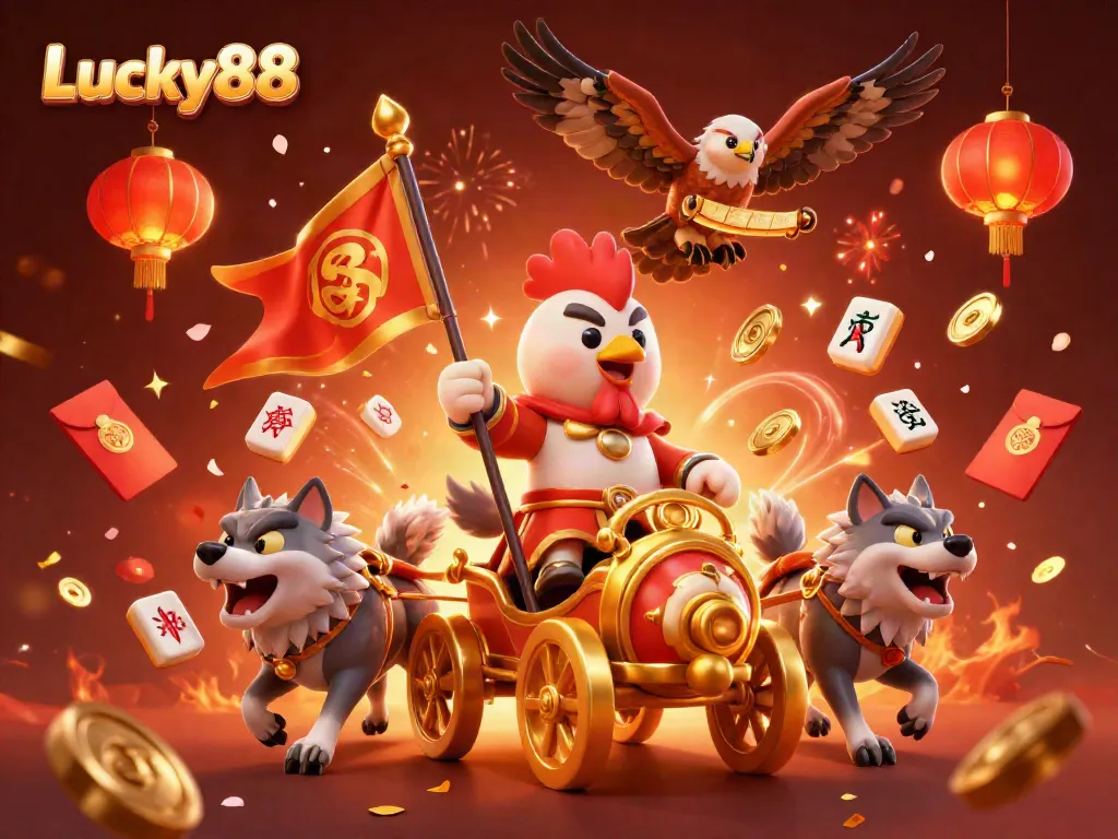Experience Lucky88 with a dynamic scene of a rooster warlord and vibrant casino elements.