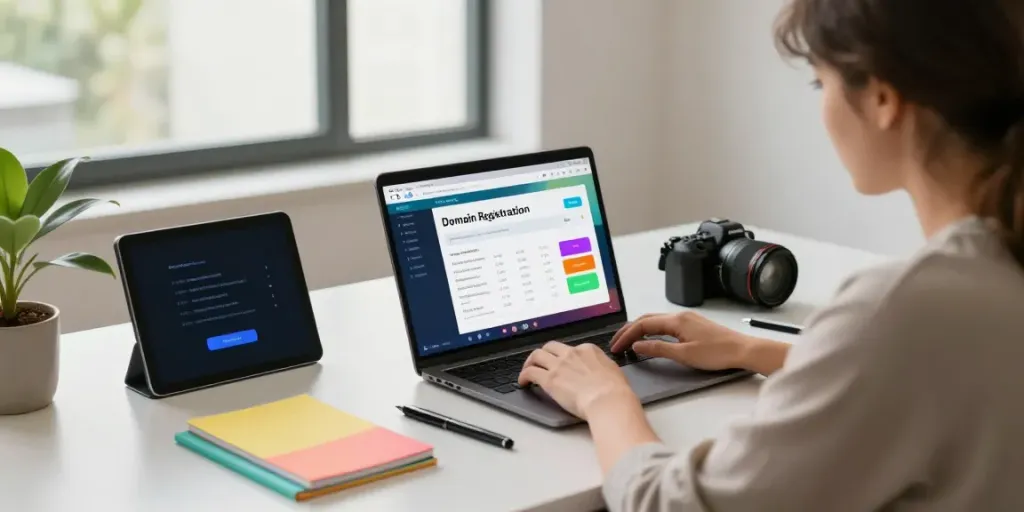 Buy domain name on a laptop in a modern workspace with vibrant colors and natural light.
