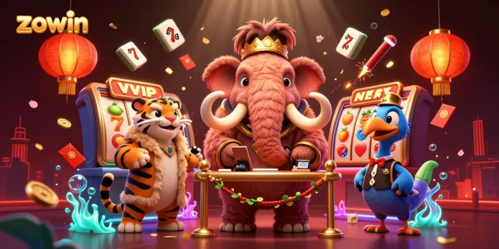 Experience the lively casino atmosphere with Zowin, featuring vibrant slot reels and characters in a festive scene.