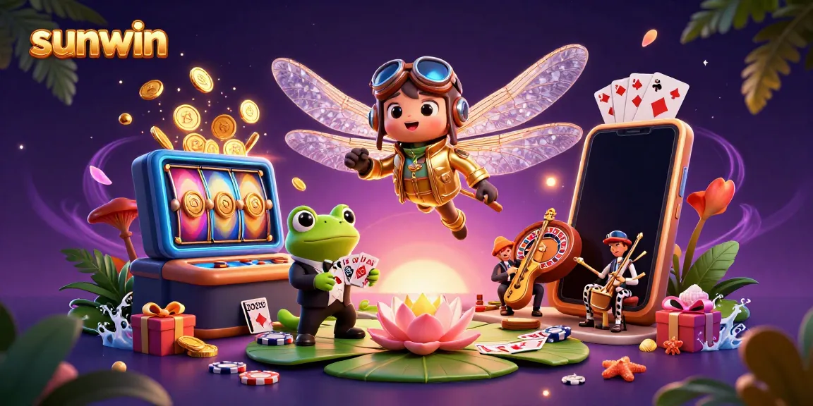 Experience thrilling gaming action at sunwin with a vibrant 3D illustration of a dragonfly pilot and frog croupier.