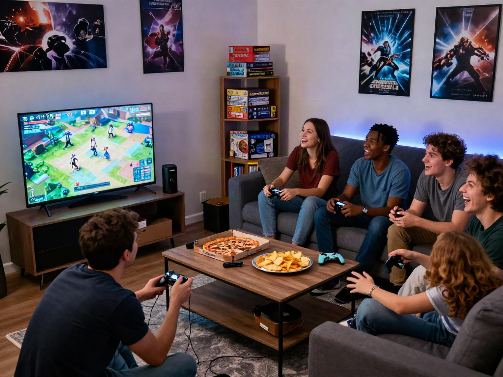 Friends playing an adult game in a lively living room, with snacks and laughter.